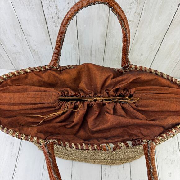 VTG Beirn Brown Cotton Raffia and Leather Trim Shoulder Tote Bag Hand Made - Picture 6 of 15